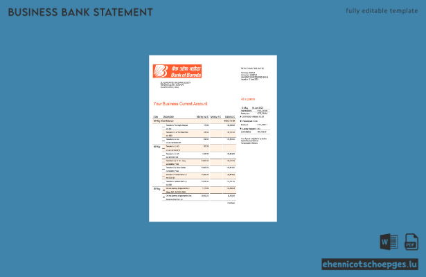 Beispielvorschau eines Kontoauszugs des Firmengirokontos der Bank of Baroda (Word und PDF)
